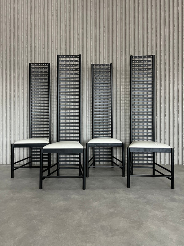 Set of 4 Postmodern Steel Dining Chairs – Sculptural High-Back Design, c. 1980s