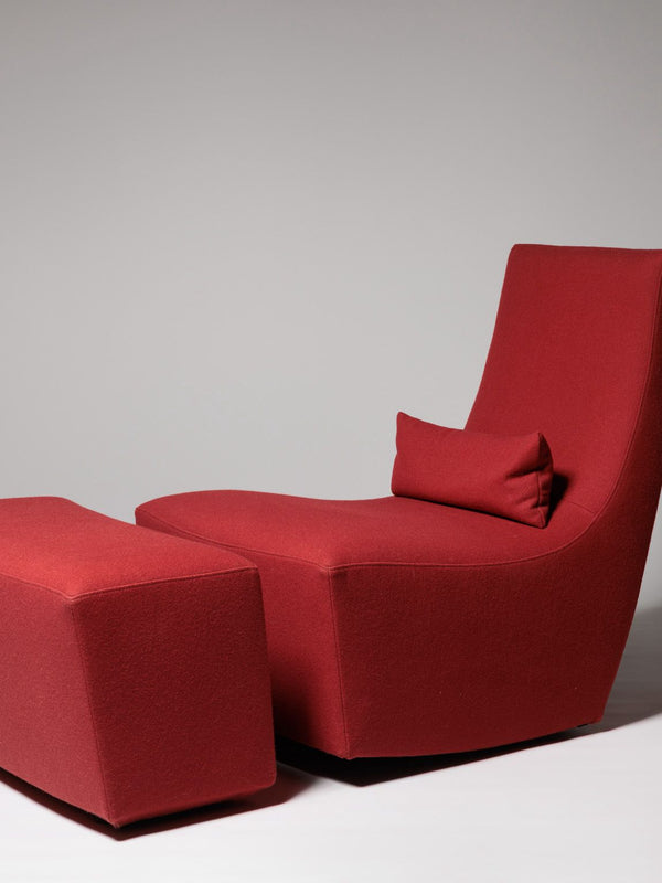 Rocking chair and footstool in red wool by Ligne Roset, France
