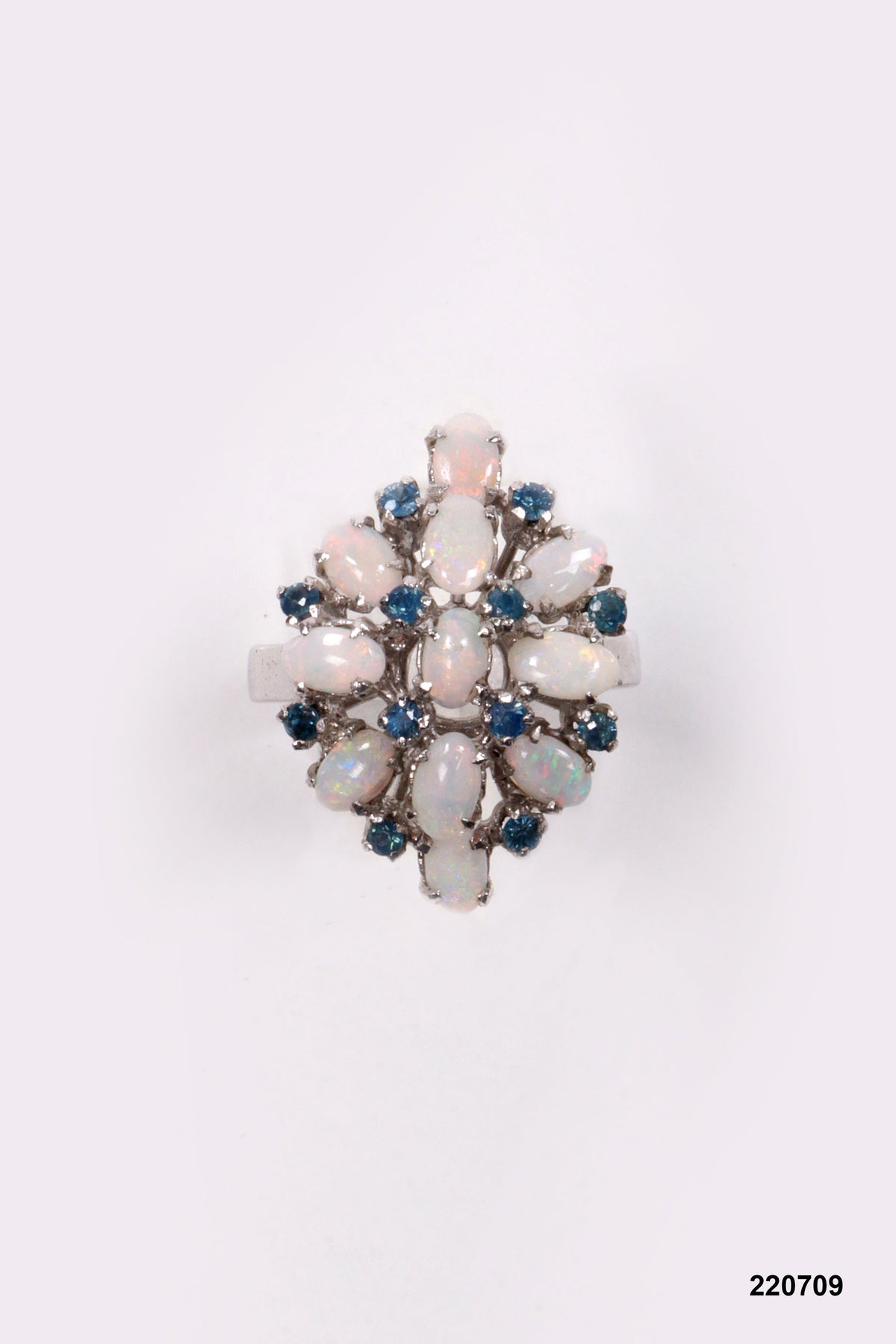 Vintage Sterling Silver Ring with Opals and Blue Rhinestones, Size 14
