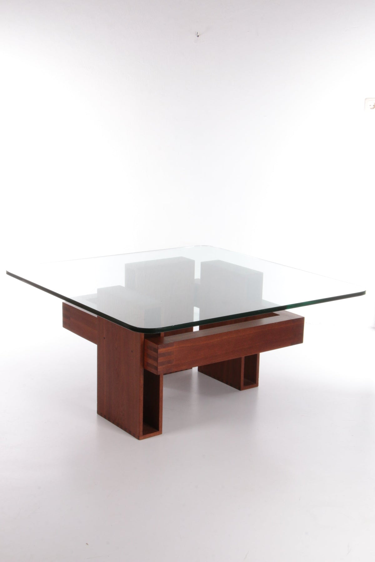 Vintage Teak and Glass Brutalist Coffee Table, 1970s Design