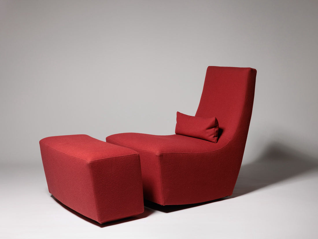 Ligne Roset rocking chair in red wool with matching footstool, France 1970s