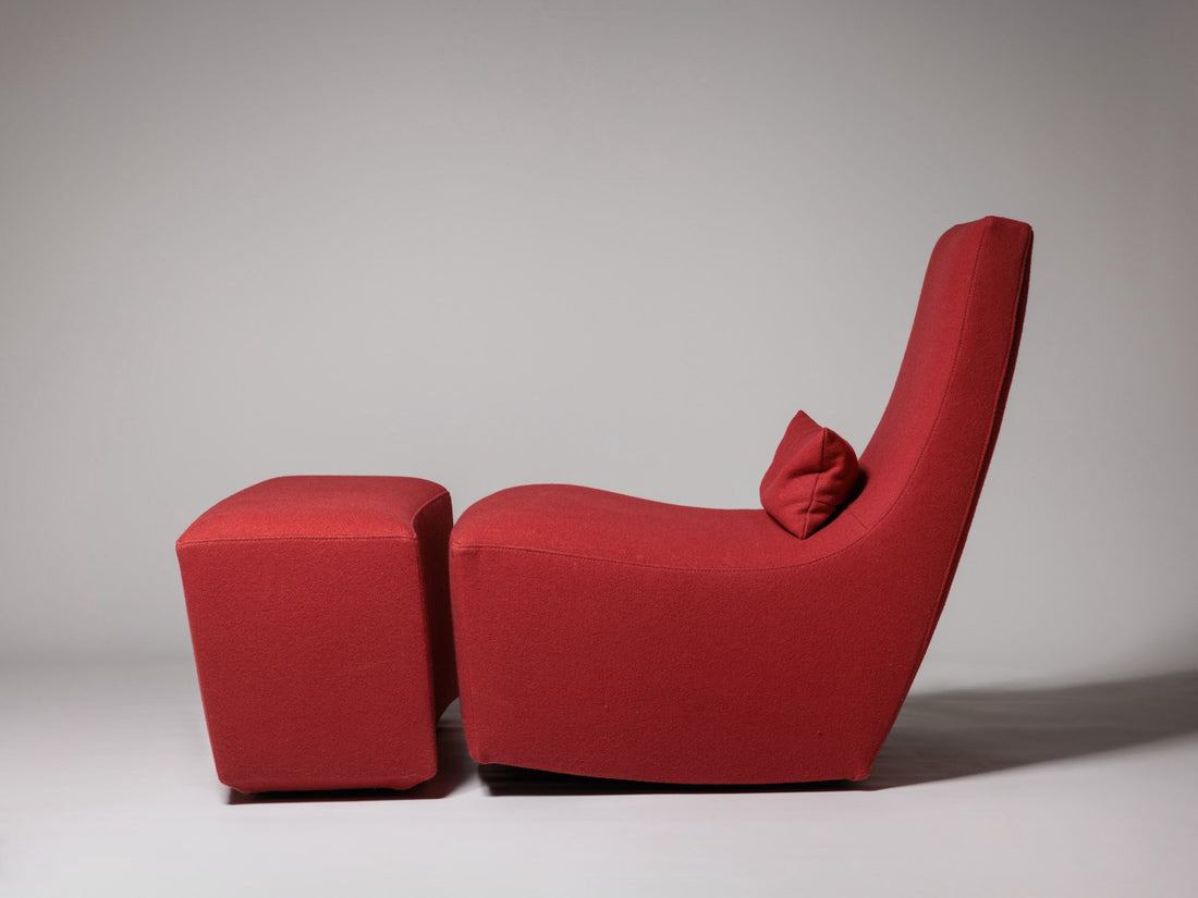 Ligne Roset rocking chair in red wool with matching footstool, France 1970s