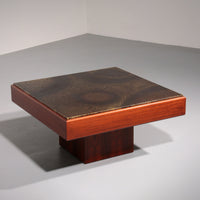 Brutalistischer Couchtisch mit Kupferplatte und Holzgestell, 1970