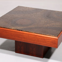 Brutalistischer Couchtisch mit Kupferplatte und Holzgestell, 1970