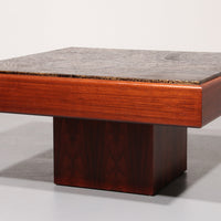 Brutalistischer Couchtisch mit Kupferplatte und Holzgestell, 1970