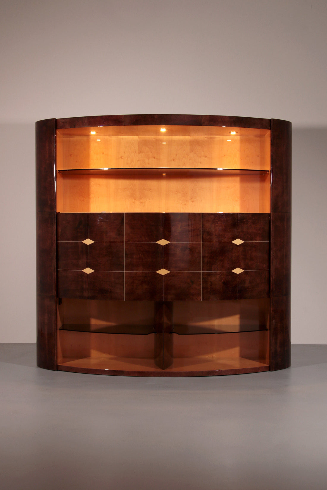 Iconisch Aldo Tura Bruin Geitenleren Barkast met Elektrische Lift & Spiegelinterieur.
