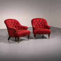 Pair of French Red fabric Button Back Armchairs