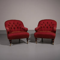 Pair of French Red fabric Button Back Armchairs
