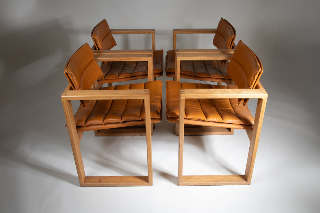 Cubic Pinewood & Leather Armchair by Ate van Apeldoorn for Houtwerk Hattem, 70s. Set of 4 - Collectors - Net.Work
