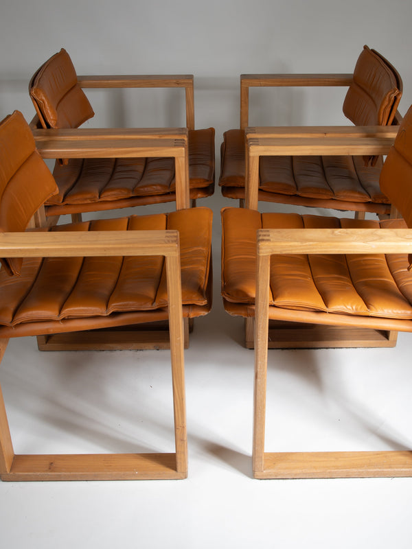Cubic Pinewood & Leather Armchair by Ate van Apeldoorn for Houtwerk Hattem, 70s. Set of 4