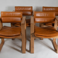 Cubic Pinewood & Leather Armchair by Ate van Apeldoorn for Houtwerk Hattem, 70s. Set of 4