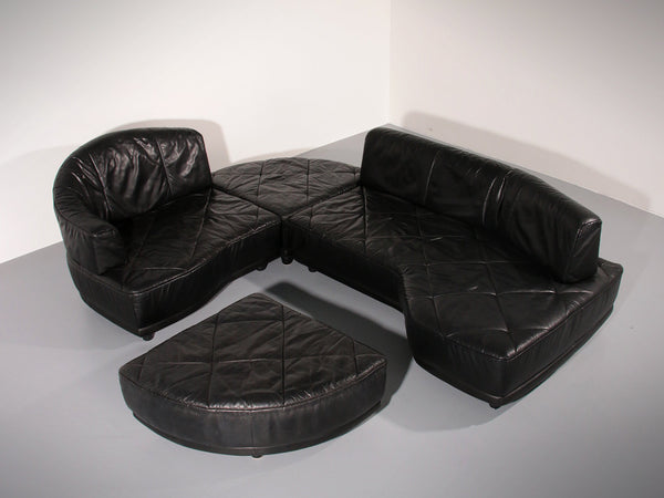 Luxuriöses modulares Sofa aus schwarzem Leder – 4 separate Elemente.