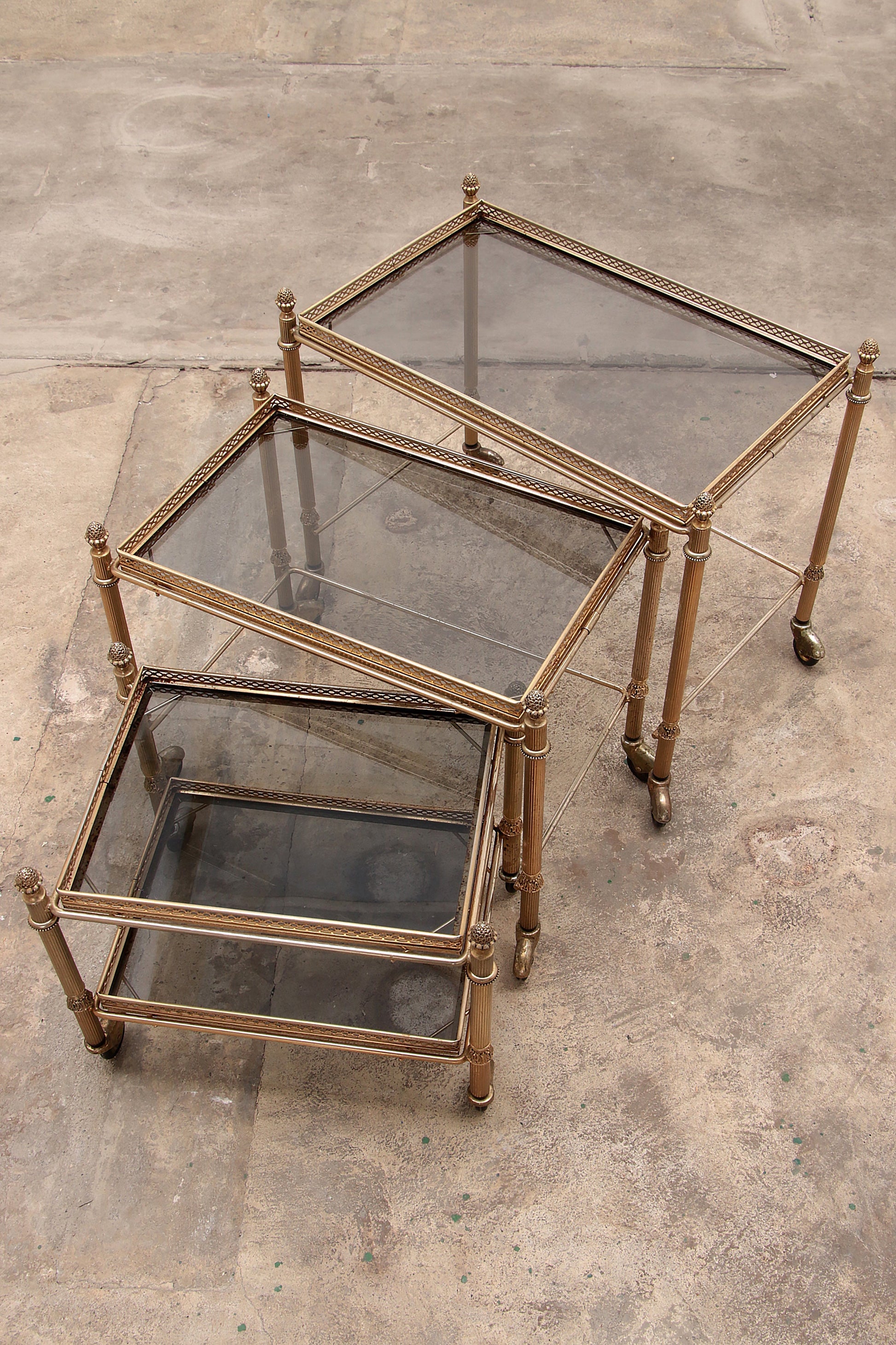 Maison Jansen Vintage Brass Trolley with Smoky Glass Tables - Collectors - Net.Work