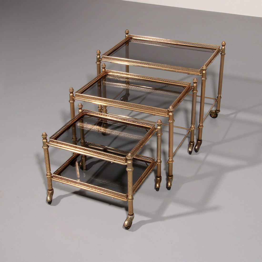 Maison Jansen Vintage Brass Trolley with Smoky Glass Tables - Collectors - Net.Work