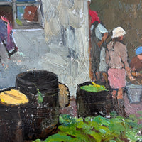 Gemälde der Russischen Schule, „Mädchen auf dem Bauernhof“, Öl auf Holz, 1963