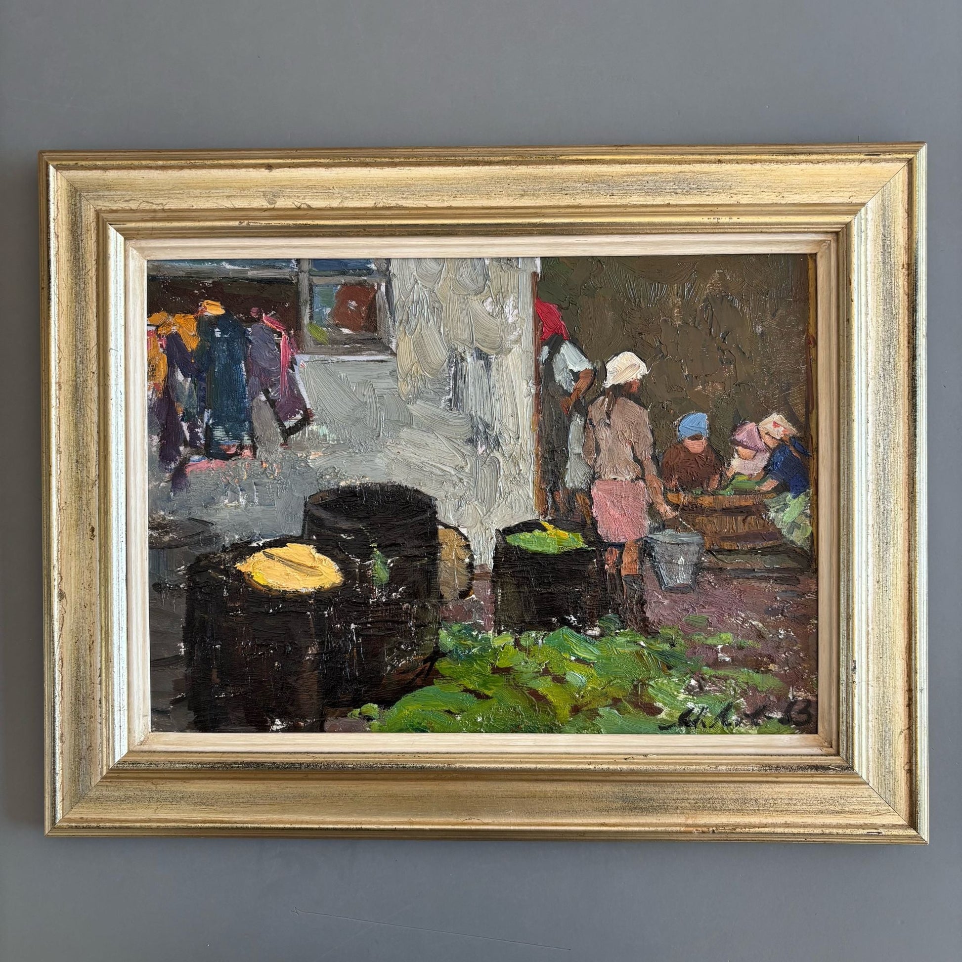 Painting Russian School, ‘Girls on the farm’, oil on board, 1963 - Collectors - Net.Work