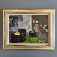 Gemälde der Russischen Schule, „Mädchen auf dem Bauernhof“, Öl auf Holz, 1963