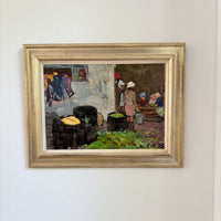 Gemälde der Russischen Schule, „Mädchen auf dem Bauernhof“, Öl auf Holz, 1963