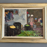 Gemälde der Russischen Schule, „Mädchen auf dem Bauernhof“, Öl auf Holz, 1963