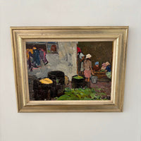 Gemälde der Russischen Schule, „Mädchen auf dem Bauernhof“, Öl auf Holz, 1963