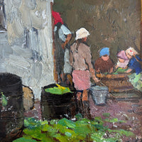 Gemälde der Russischen Schule, „Mädchen auf dem Bauernhof“, Öl auf Holz, 1963