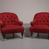 Pair of French Red fabric Button Back Armchairs