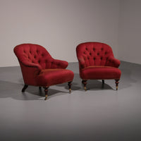 Pair of French Red fabric Button Back Armchairs