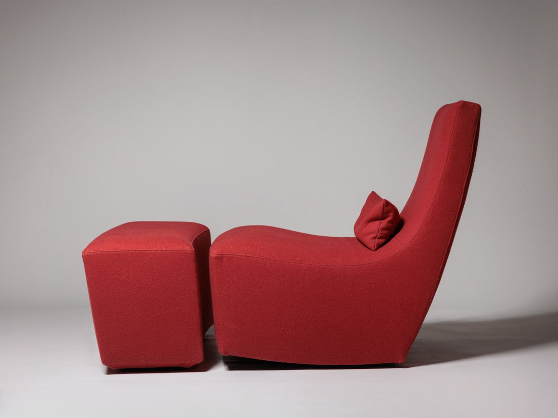 Rocking chair and footstool in red wool by Ligne Roset, France - Collectors-Net.Work