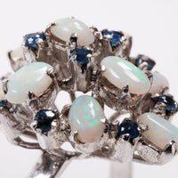 Vintage Sterling Silver Ring with Opals and Blue Rhinestones, Size 14