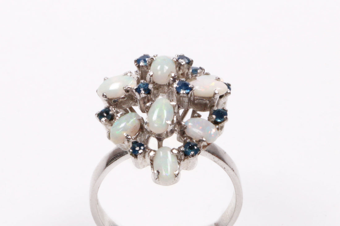 Vintage Sterling Silver Ring with Opals and Blue Rhinestones, Size 14 - Collectors - Net.Work