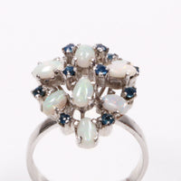 Vintage Sterling Silver Ring with Opals and Blue Rhinestones, Size 14