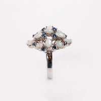 Vintage Sterling Silver Ring with Opals and Blue Rhinestones, Size 14