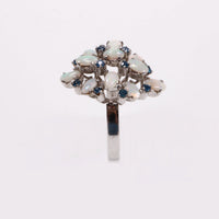 Vintage Sterling Silver Ring with Opals and Blue Rhinestones, Size 14