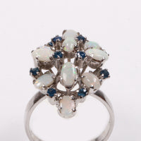 Vintage Sterling Silver Ring with Opals and Blue Rhinestones, Size 14