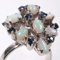 Vintage Sterling Silver Ring with Opals and Blue Rhinestones, Size 14