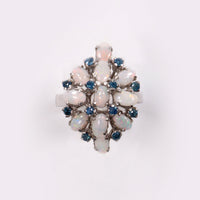 Vintage Sterling Silver Ring with Opals and Blue Rhinestones, Size 14