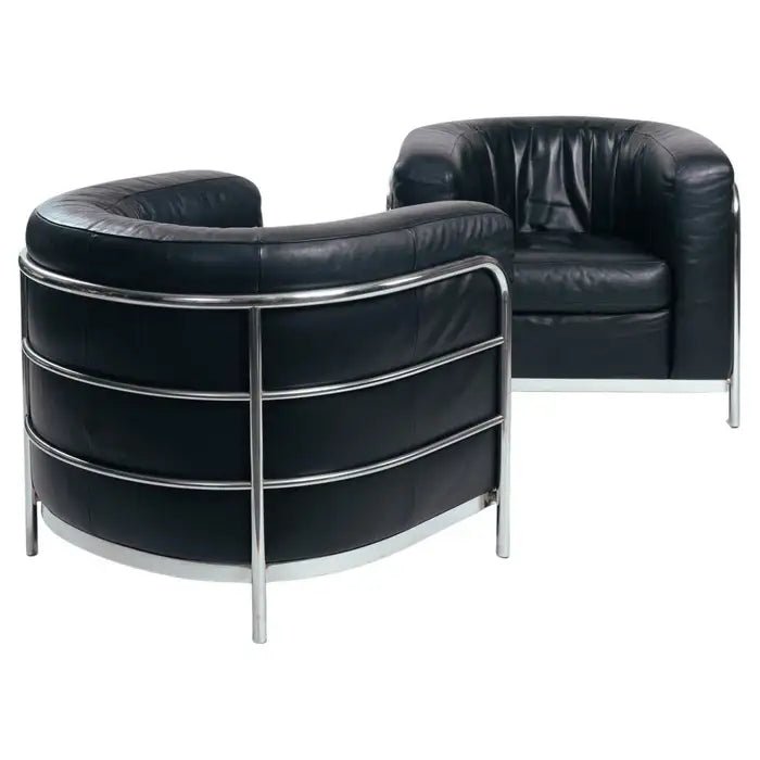 Zanotta Onda black round leather chairs, inspired by le Corbusier, Italy, set 2 - COLLECTORS RDAM
